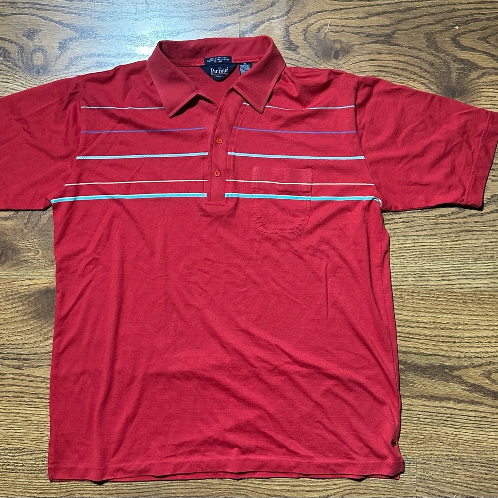 Par Four XL Red Striped Front Pocket Button Golf Polo